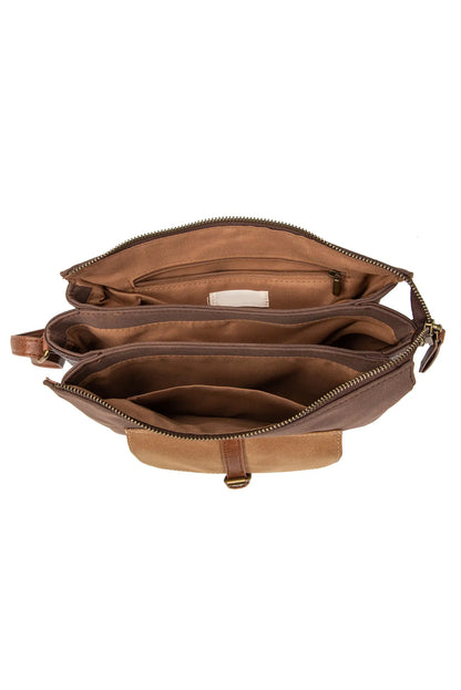 Bolso marrón con múltiples compartimentos y cremalleras, ideal para mujer