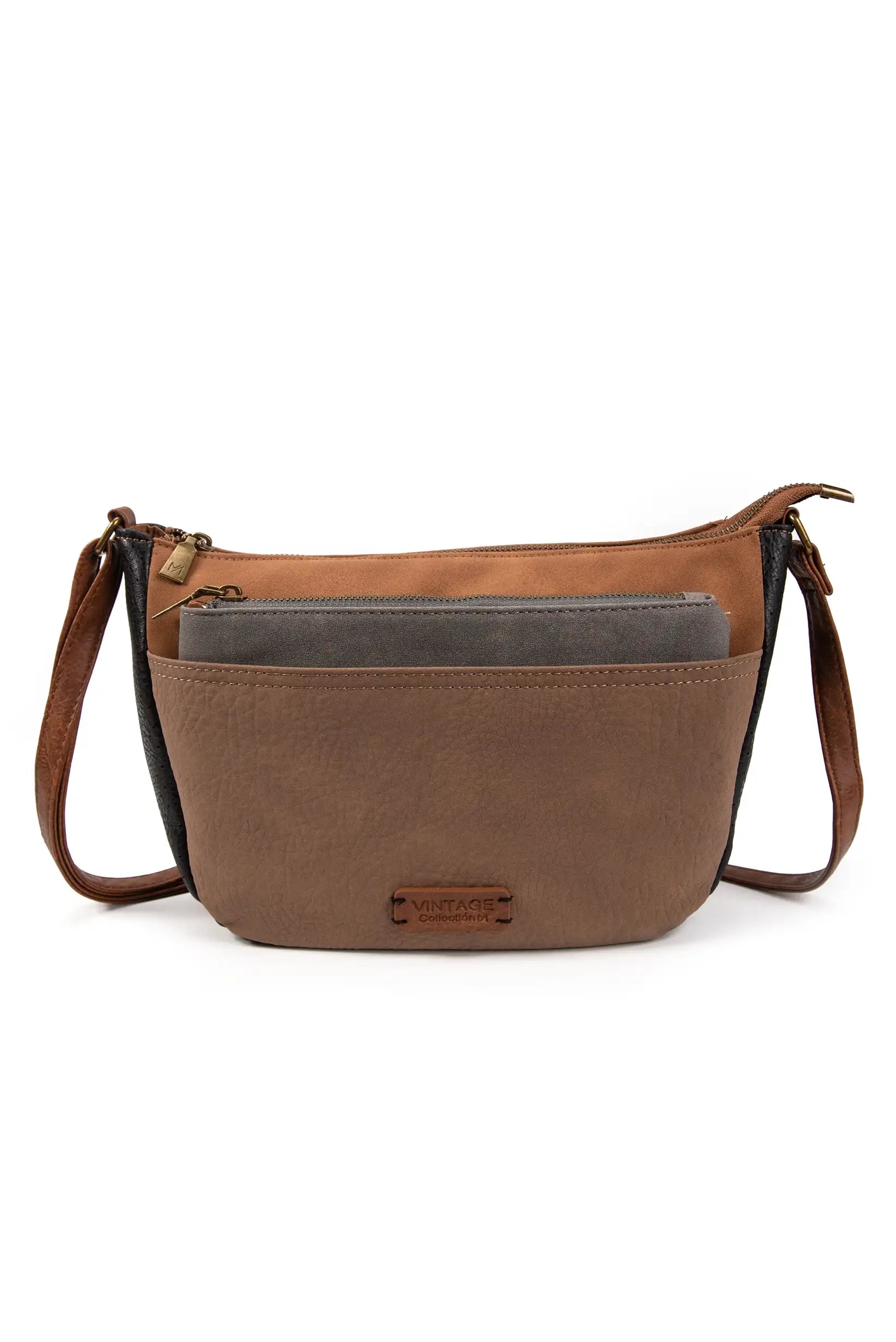 Bolso bandolera marrón vintage con detalles en gris y negro, ideal para mujer