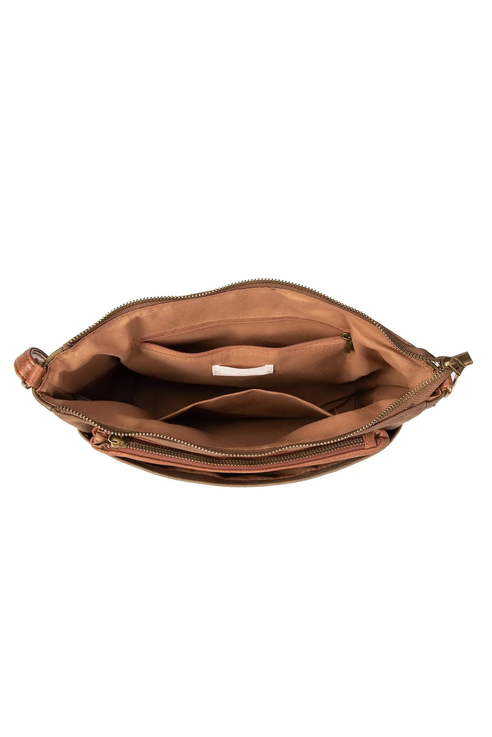 Bolso marrón con interior acolchado, cremalleras y bolsillos internos para mujer