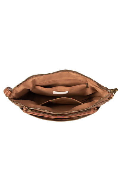 Bolso marrón con interior acolchado, cremalleras y bolsillos internos para mujer