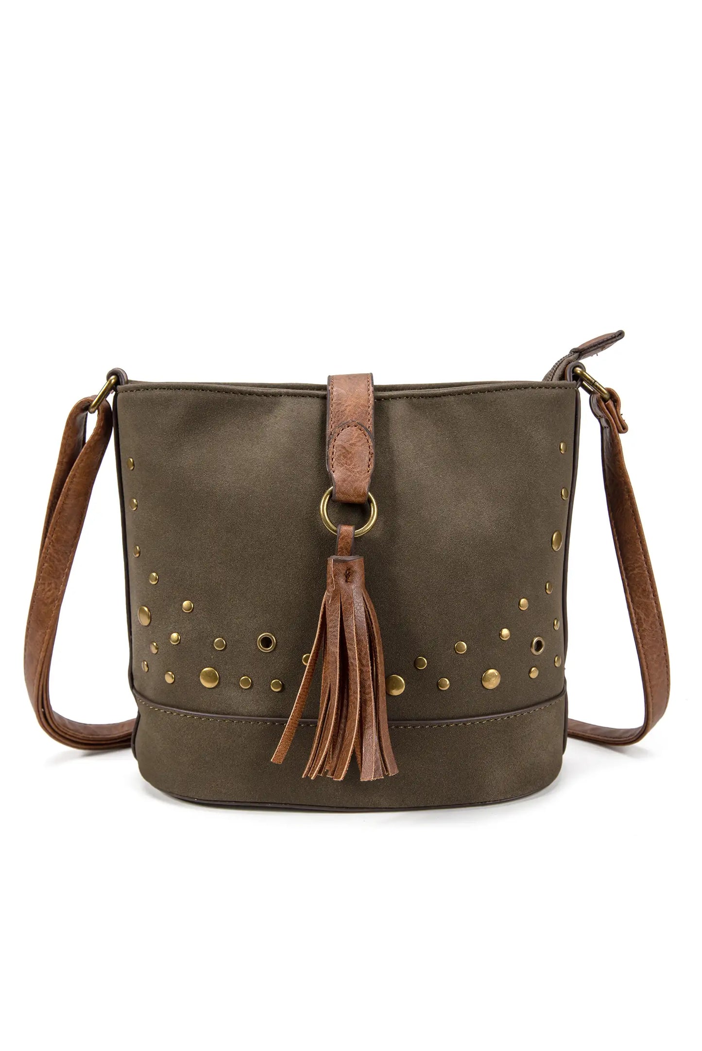 Bolso bandolera verde oliva con tassel y remaches dorados, ideal para moda femenina y complementos