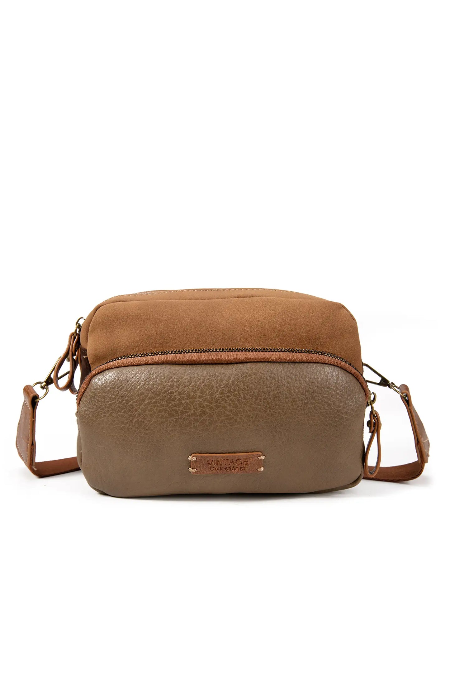 Bolso bandolera marrón vintage con textura de piel y detalles en tonos cálidos, ideal para moda femenina
