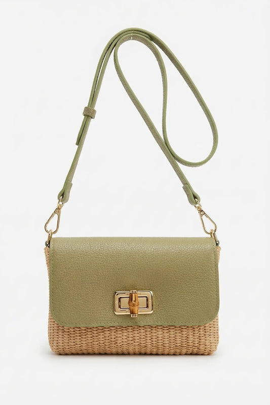 Bolso bandolera pequeño de rafia y piel color verde con cierre dorado, estilo casual mujer