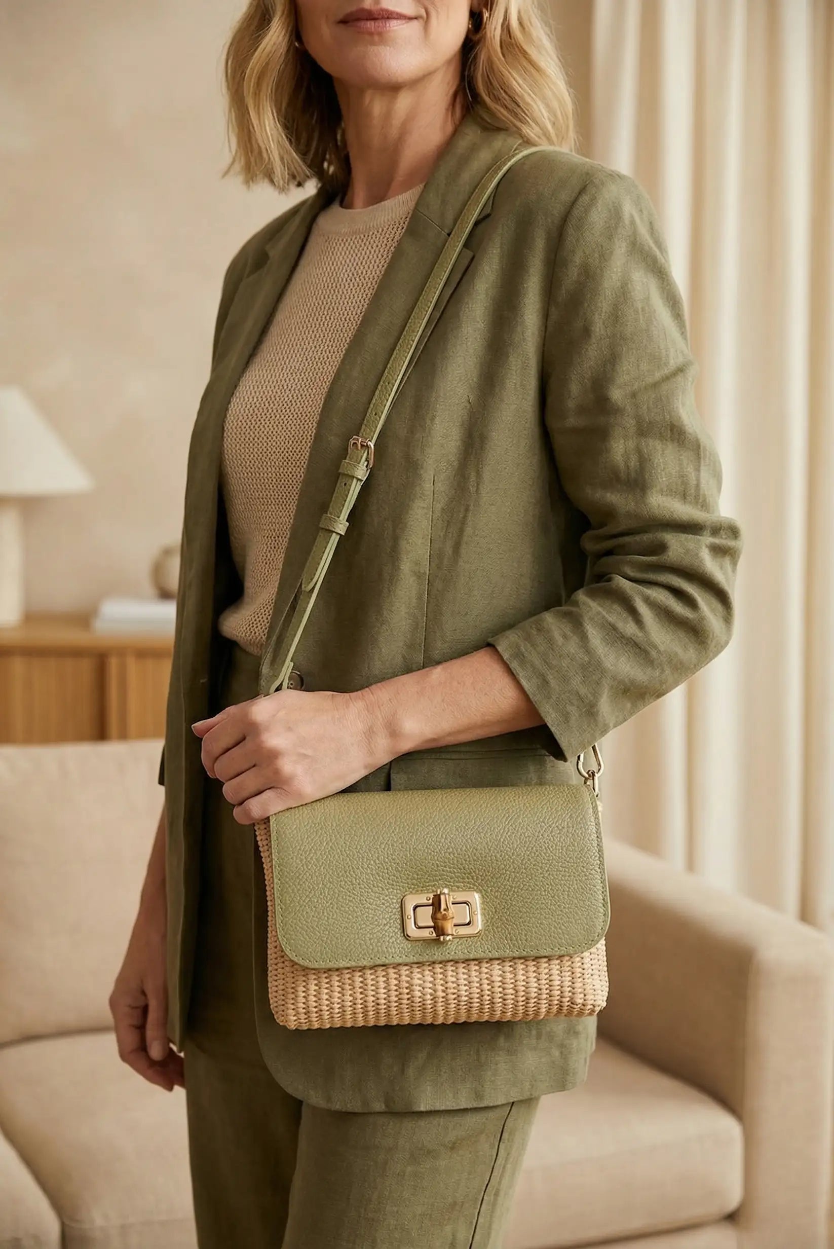 Bolso bandolera pequeño de rafia y piel verde con cierre dorado, estilo casual femenino.