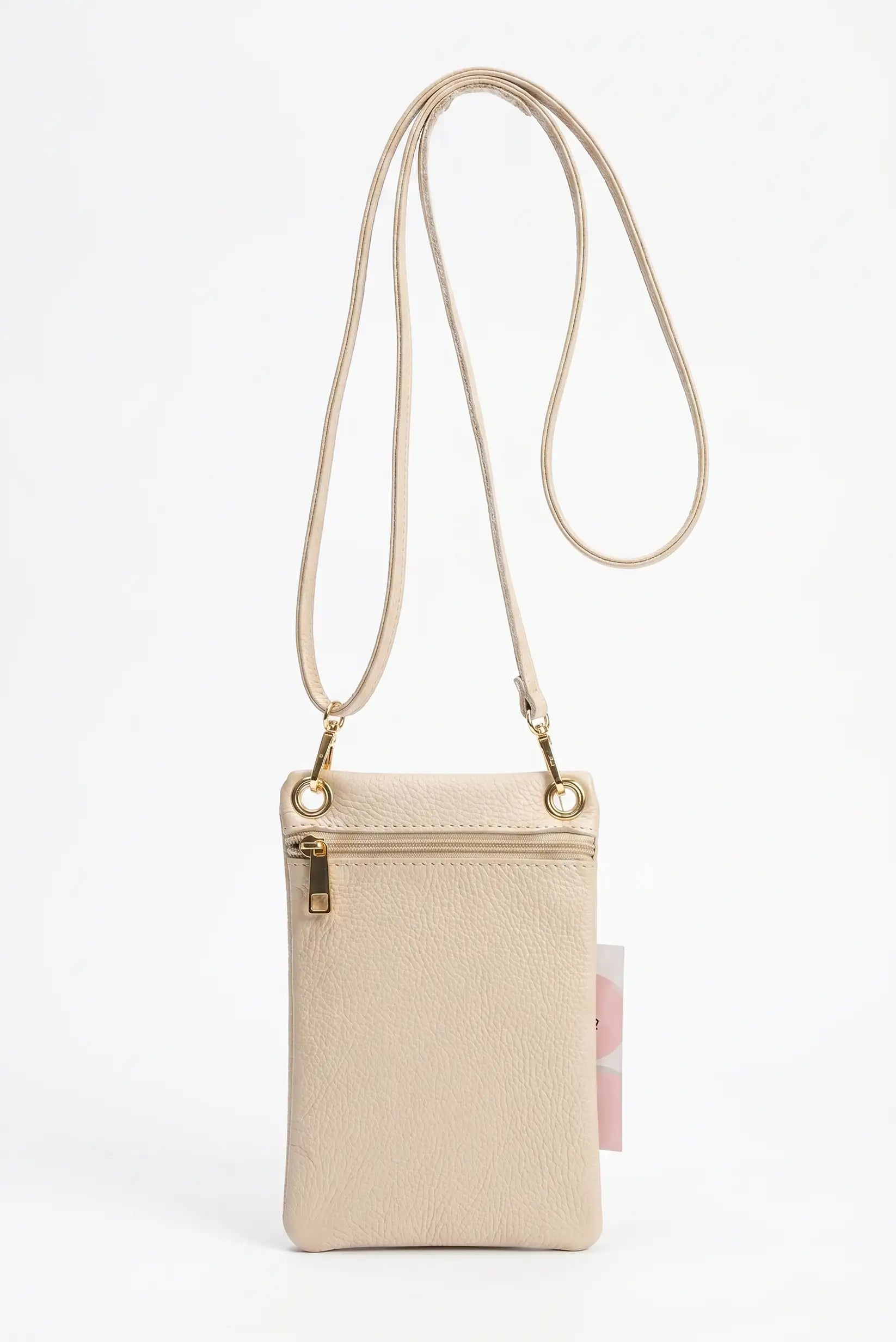 Bolso bandolera portamóvil de piel beige con cremallera y correa larga ajustable