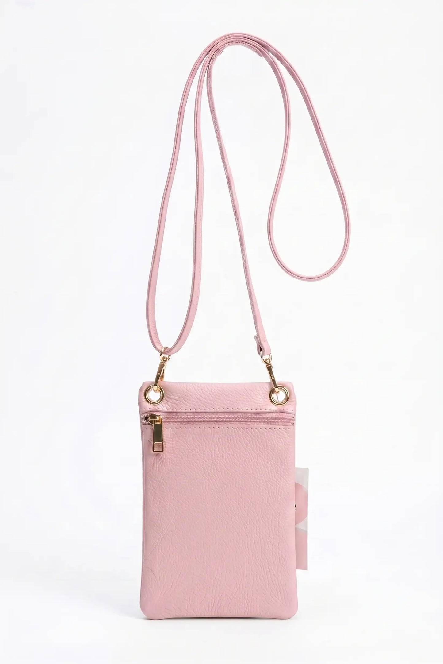 Bolso bandolera portamóvil de piel rosa con cremallera y correa larga ajustable