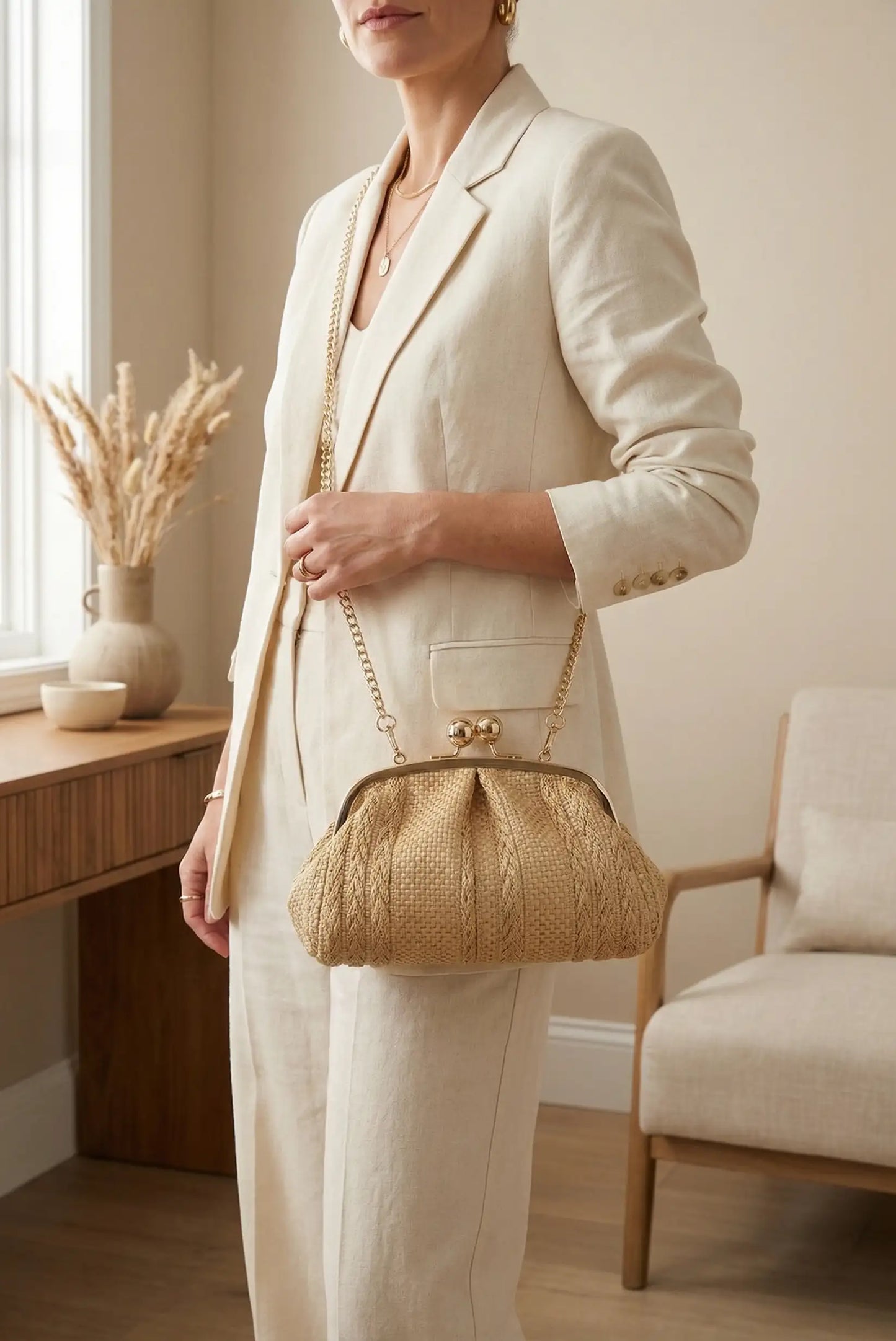 Mujer con traje beige y bolso bandolera de rafia beige con cadena dorada, estilo primavera.