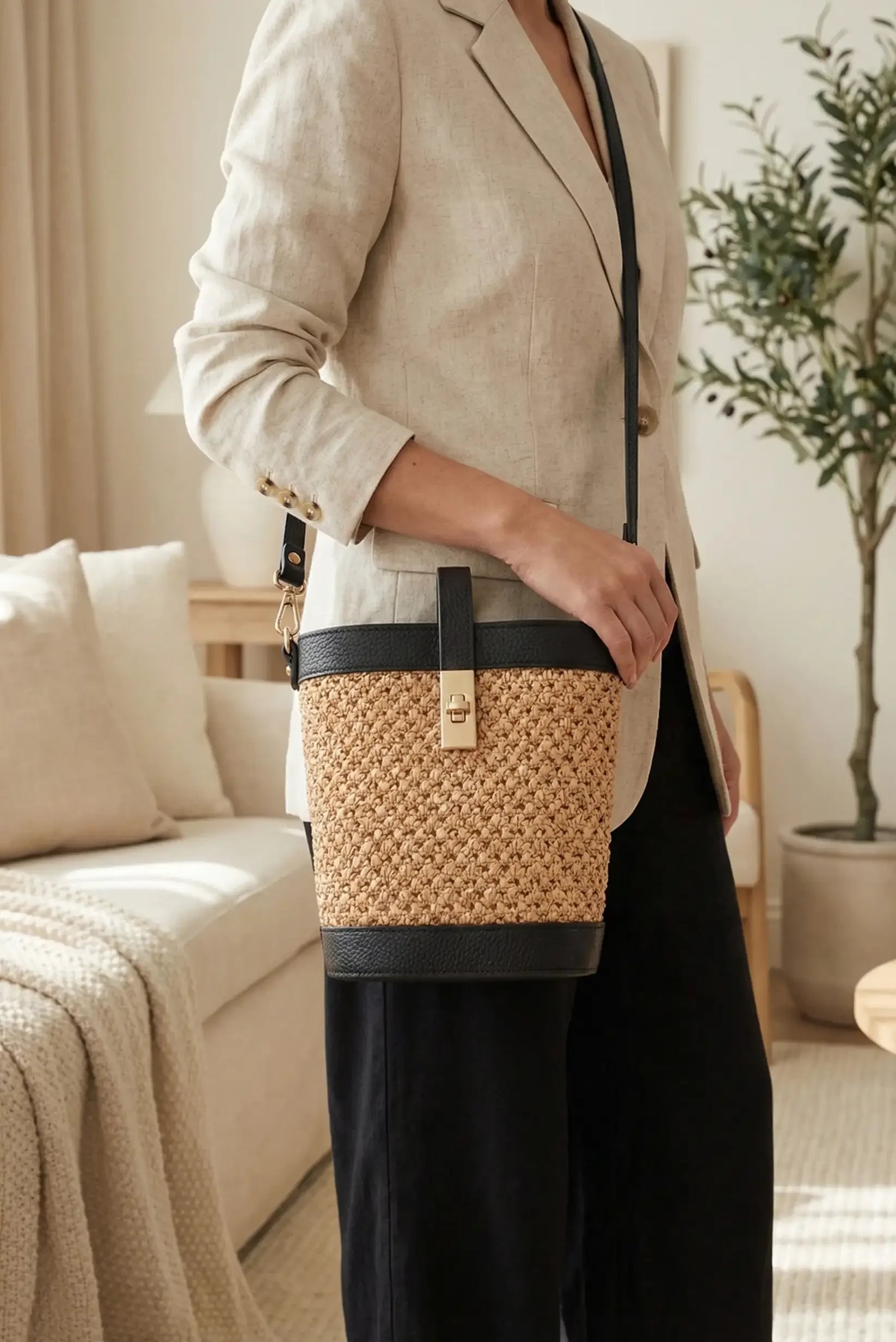 Bolso bandolera de rafia y piel negro con cierre dorado, estilo casual femenino.