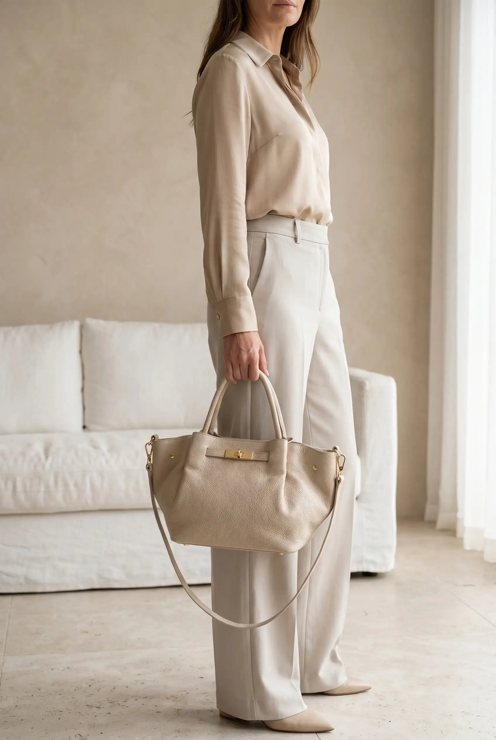 Mujer elegante con bolso grande beige de piel, estilo estructurado, outfit neutro y sofisticado