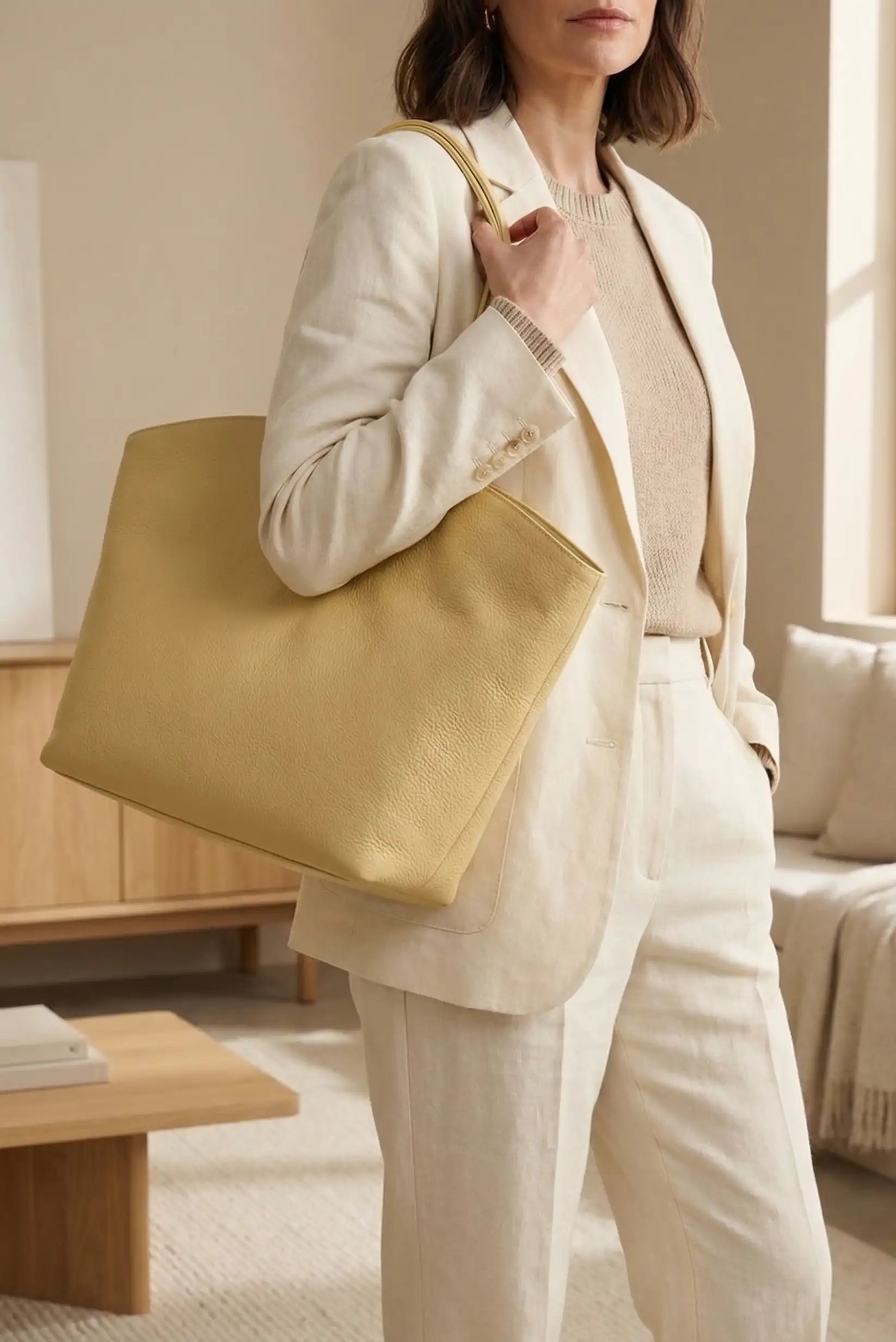 Bolso de mano grande amarillo pastel para mujer, con outfit primaveral elegante