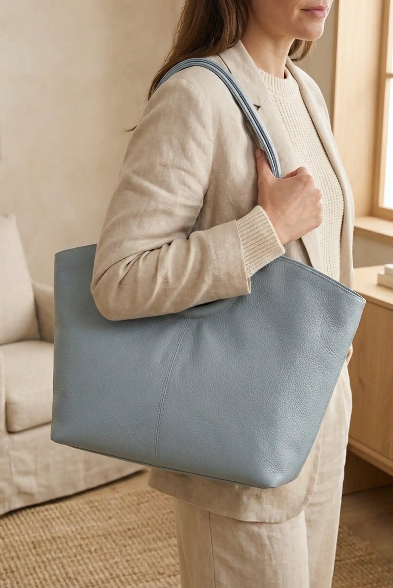 Bolso de mano azul pastel grande para mujer, estilo casual, ideal primavera-verano
