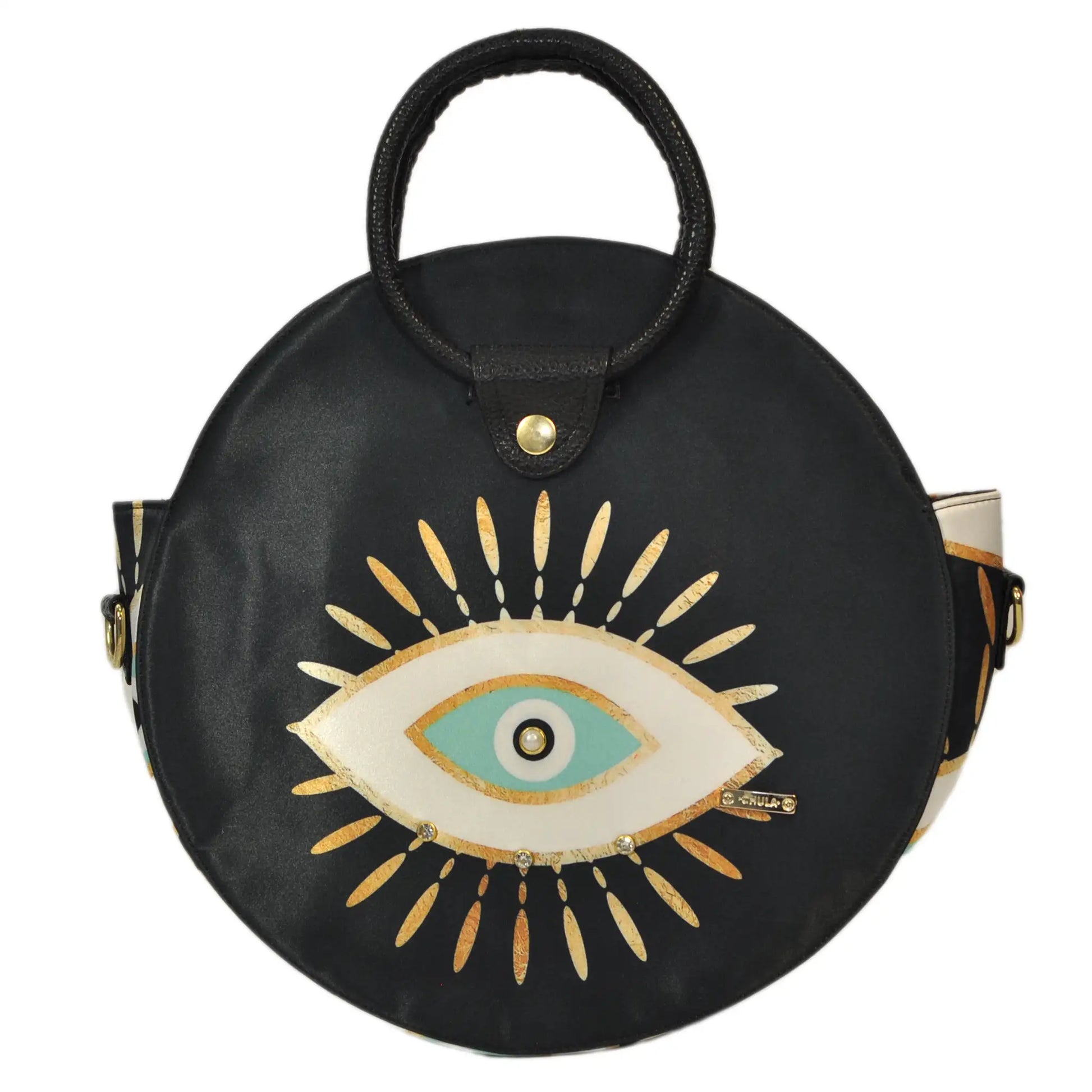 Bolso de mano y bandolera circular mediana de mujer Anabel Ojo Turco Dorado | CHULA Tulum regalo original de mujer