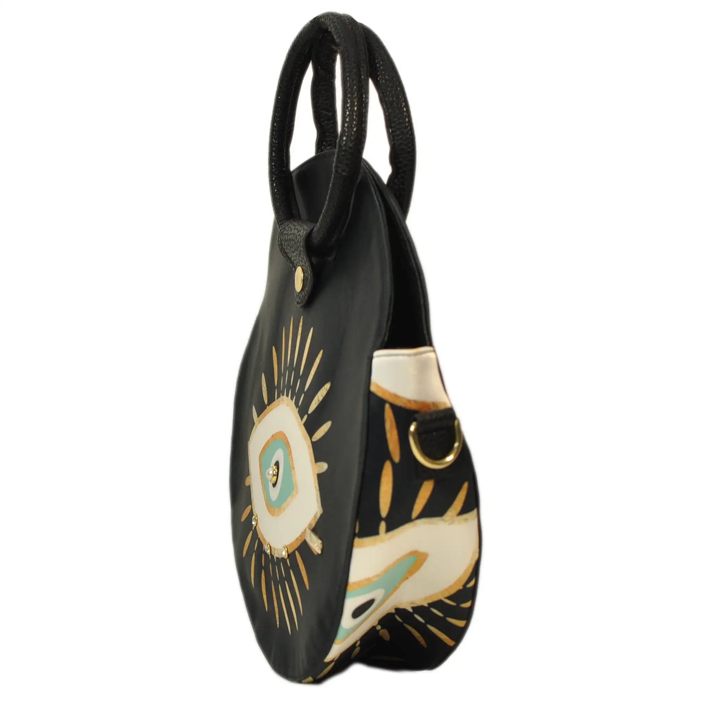 Bolso de mano y bandolera circular mediana de mujer Anabel Ojo Turco Dorado | CHULA Tulum regalo original de mujer