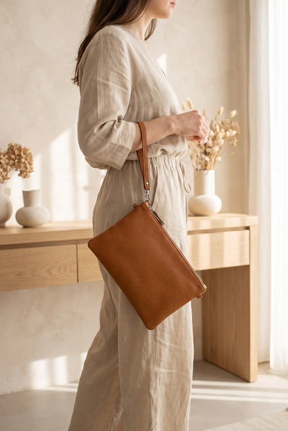 Mujer con mono de lino beige y bolso clutch de piel marrón camel de CHICA del Sur