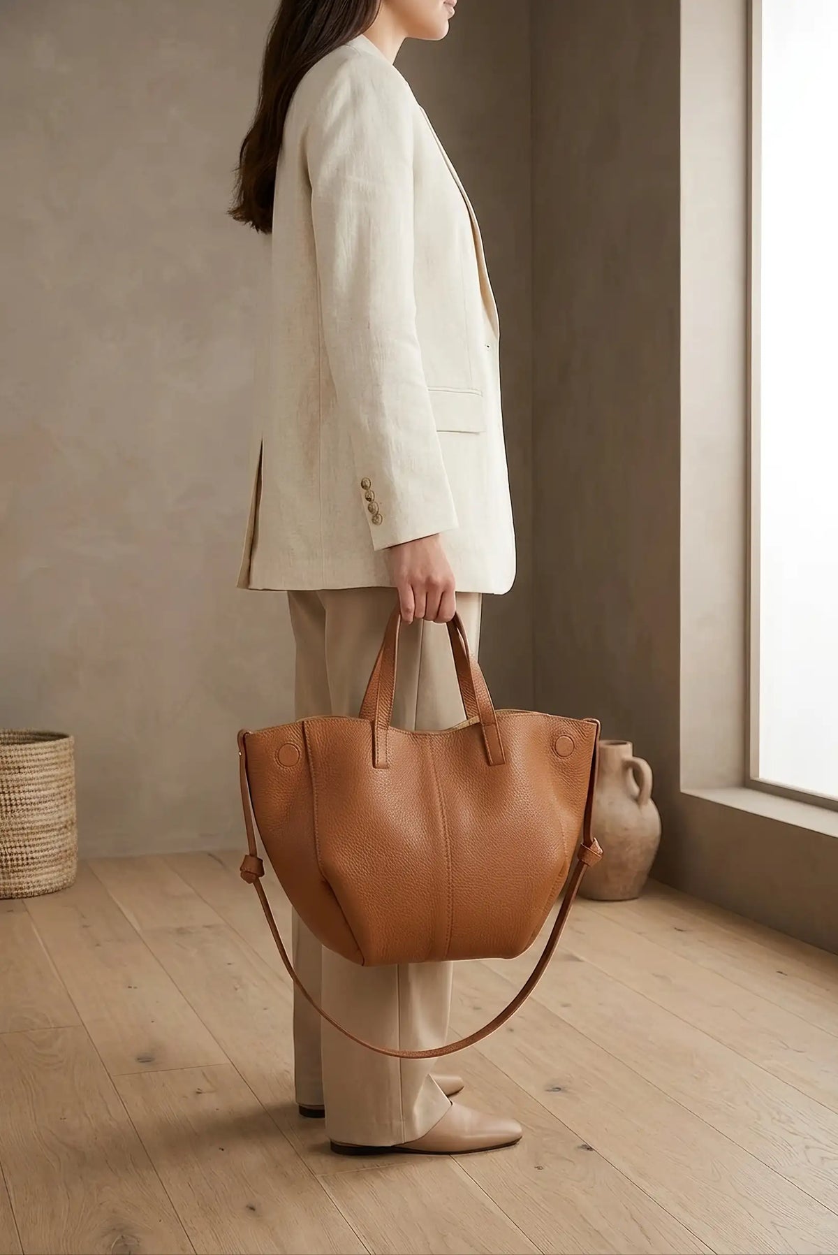 Mujer con blazer beige y bolso tote de cuero marrón en tono canela.