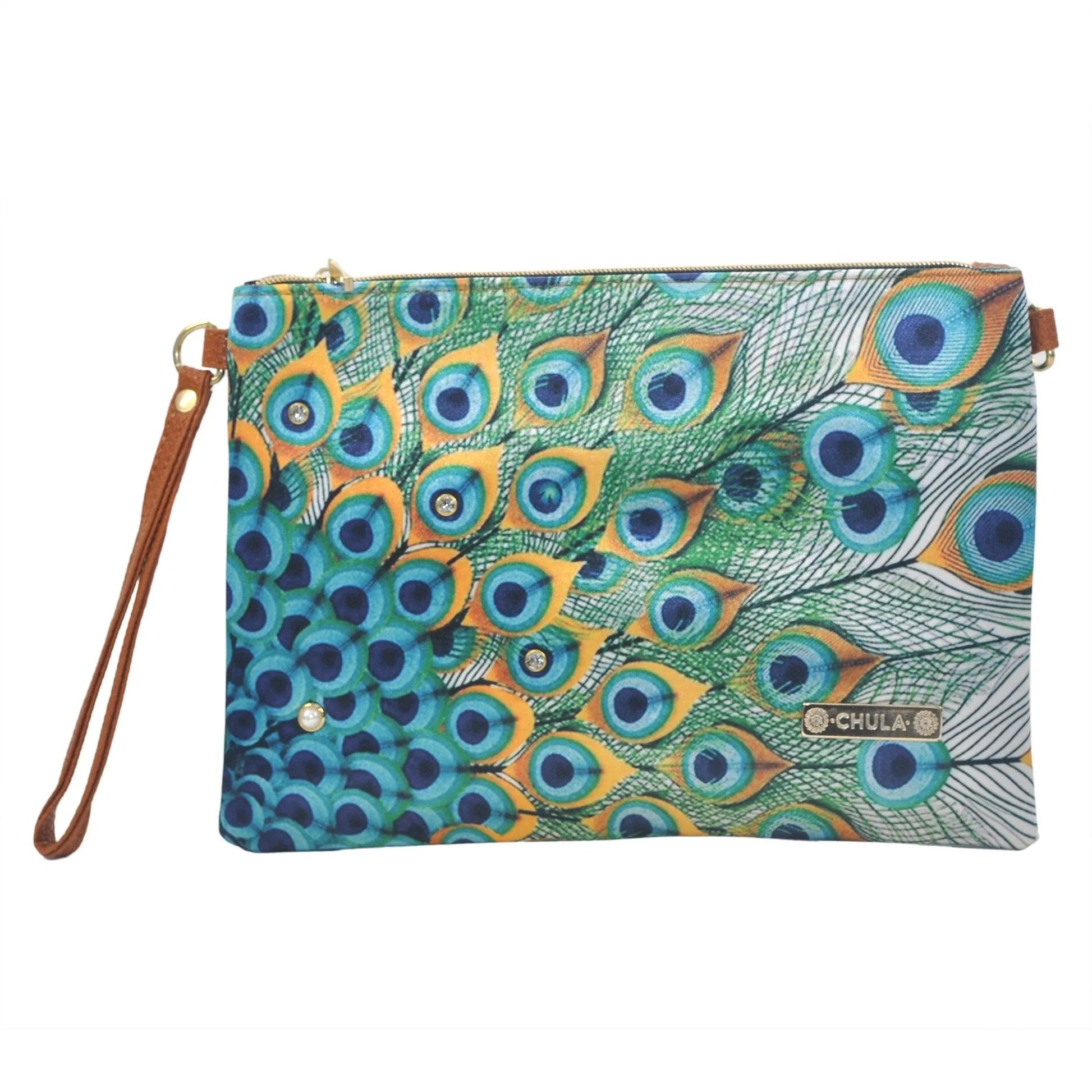 Bolso de Mano y Bandolera Pequeño Clutch Kian plumas pavo real | CHULA Tulum - CHULA Tulum