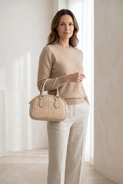 Bolso de mano mediano piel y rafia
