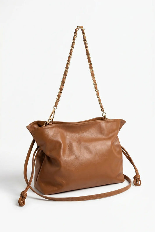 Bolso de hombro marrón para mujer, piel sintética, cadena dorada, estilo casual elegante