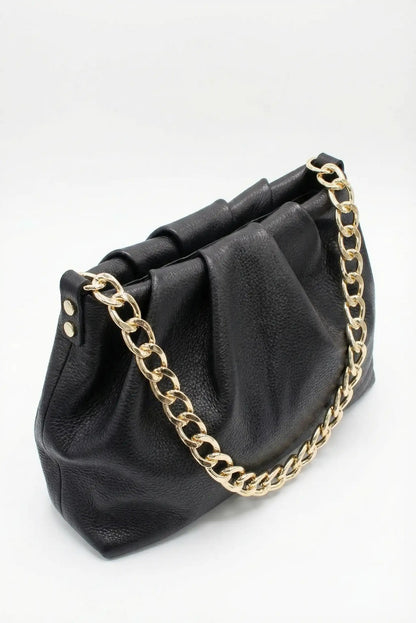 Bolso de hombro negro de piel con cadena dorada, diseño elegante para mujer