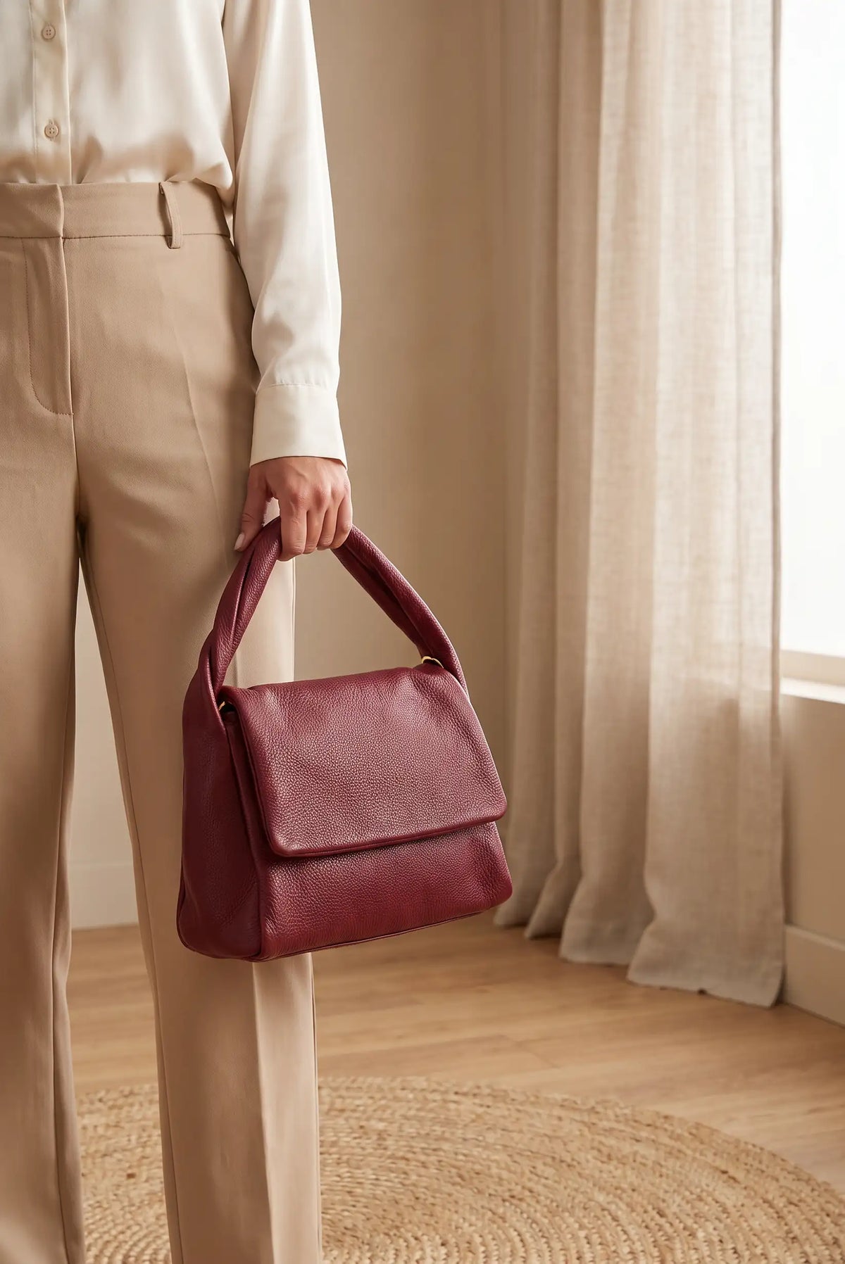 Mujer con pantalones beige y bolso de mano de cuero granulado en color granate