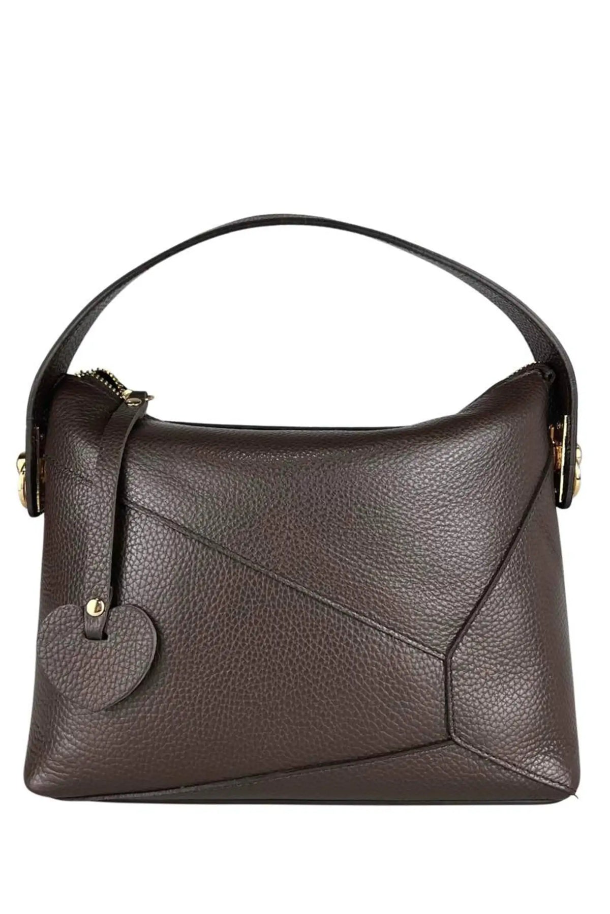 Bolso Puzzle de piel marrón para mujer de CHICA del Sur con asa de mano y detalle de corazón.