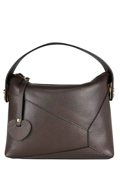 Bolso Puzzle de piel marrón para mujer de CHICA del Sur con asa de mano y detalle de corazón.