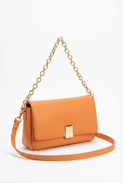 Bolso bandolera naranja de polipiel, asa de cadena dorada, estilo casual femenino