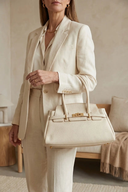 Mujer elegante con traje beige y bolso de mano beige de piel, estilo primaveral