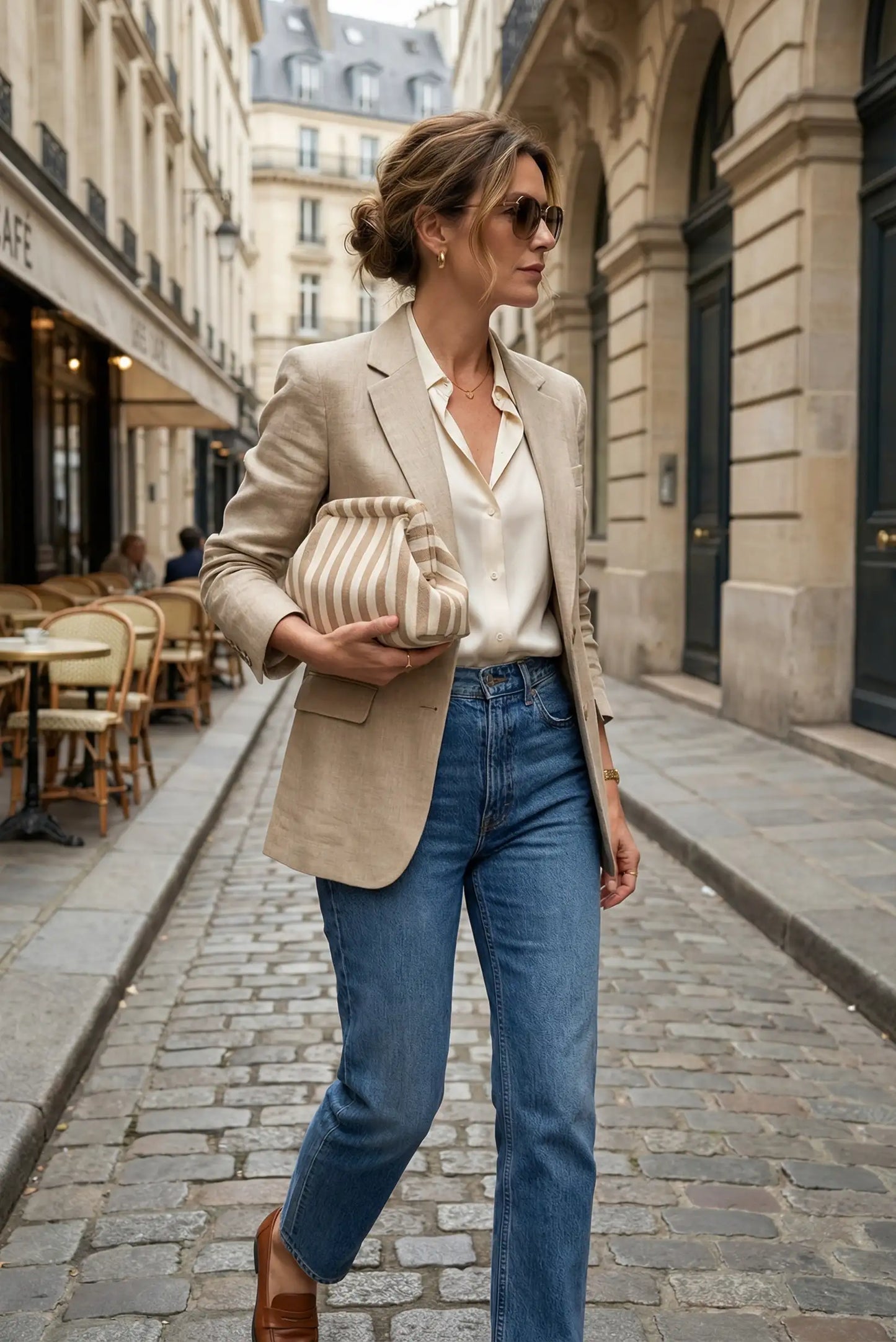 Mujer con bolso clutch rayas beige y blanco, blazer beige y jeans en calle parisina elegante