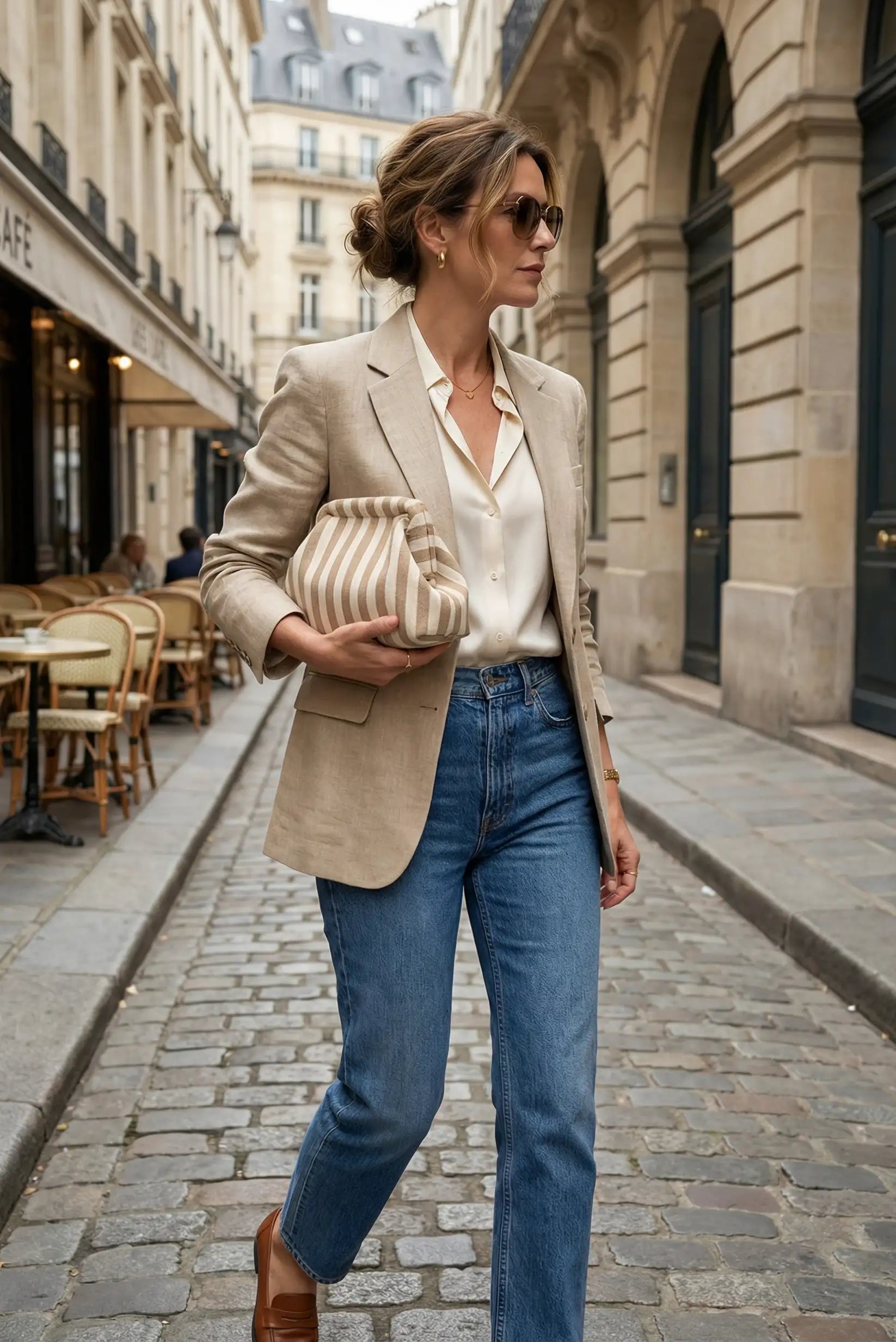 Mujer con bolso clutch rayas beige y blanco, blazer beige y jeans en calle parisina elegante