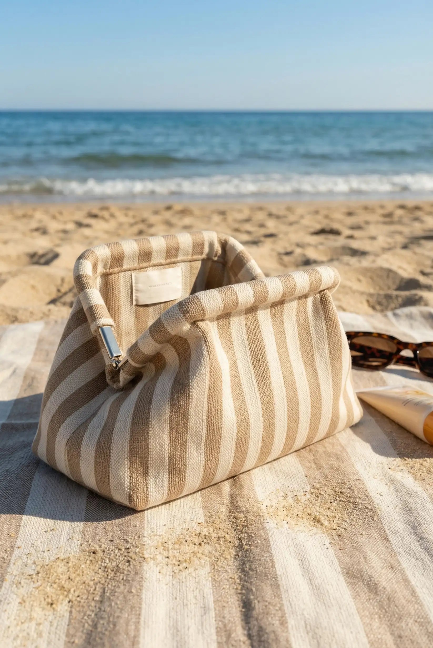 Clutch de mano beige con rayas blancas sobre toalla en la playa, moda femenina verano