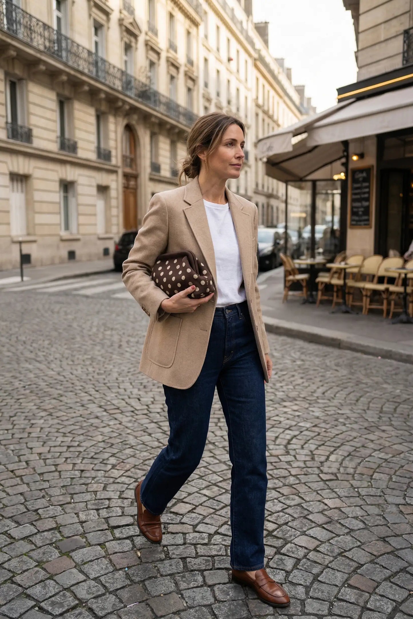 Mujer con blazer beige, jeans y bolso clutch marrón con lunares caminando por calle parisina.