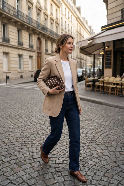 Mujer con blazer beige, jeans y bolso clutch marrón con lunares caminando por calle parisina.