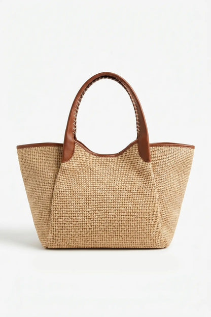 Bolso de mano grande rafia y piel sintetica