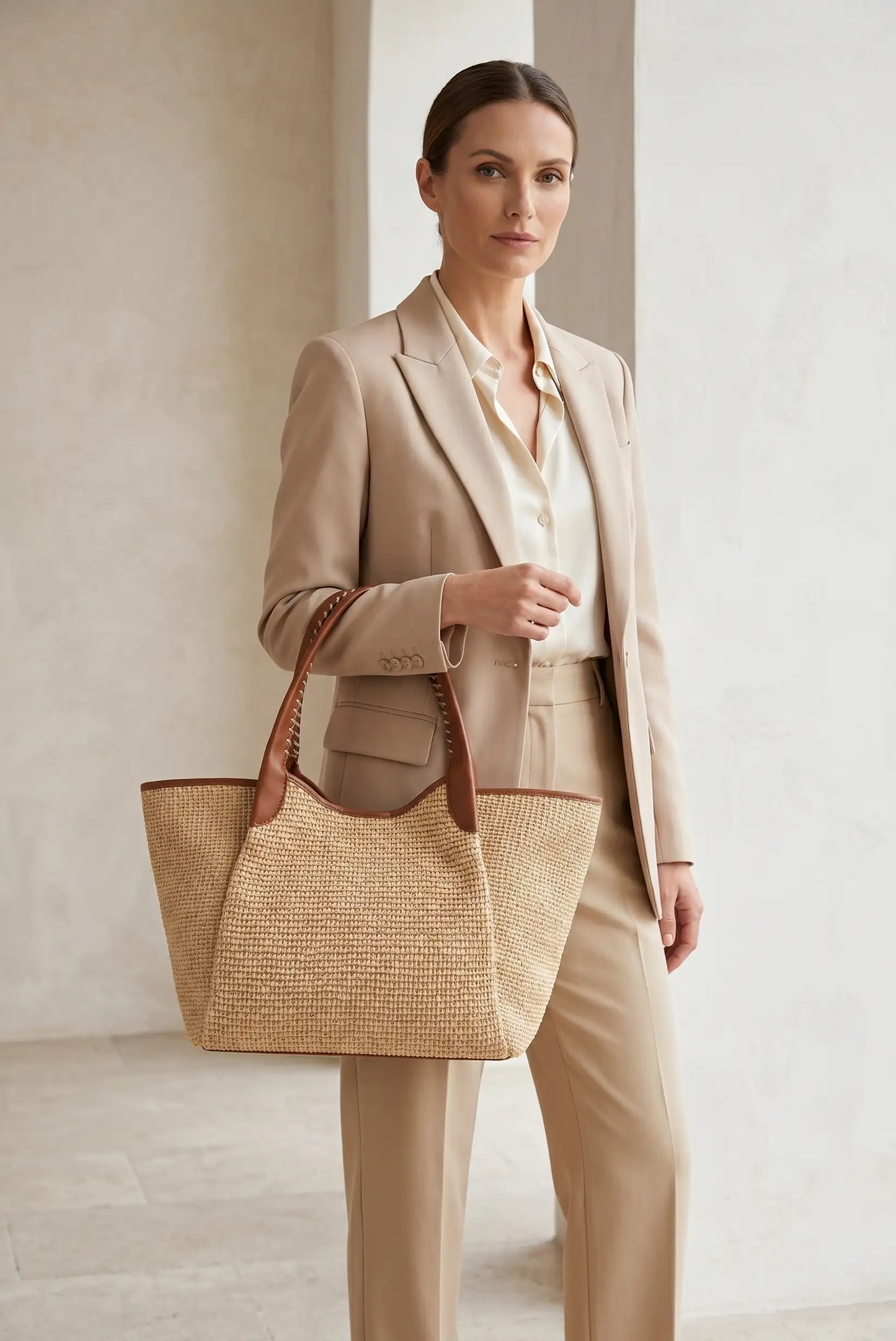 Bolso de mano grande rafia y piel sintetica