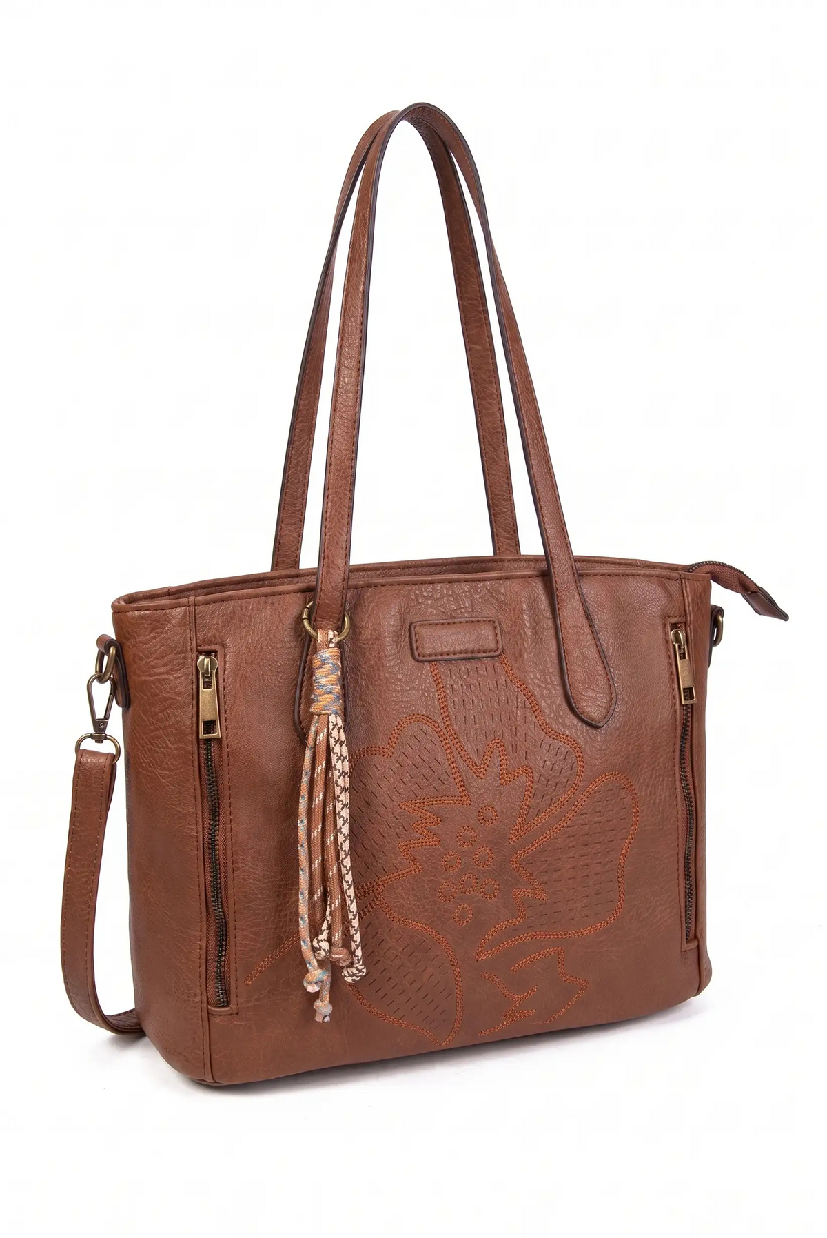 Bolso de mano marrón cuero sintético con relieves y correa ajustable