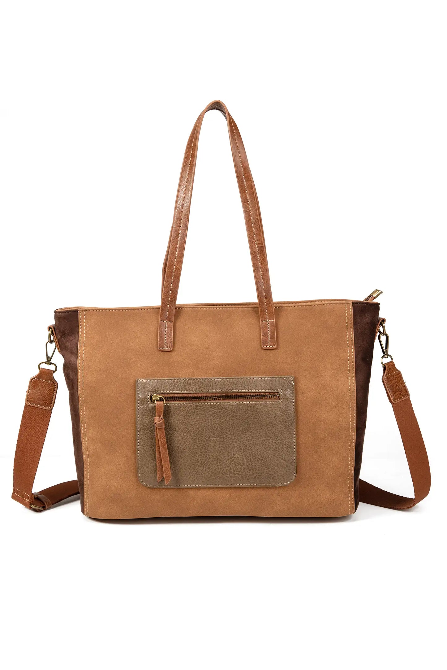 Bolso tote marrón con asas largas y bolsillo frontal, ideal para mujer, estilo casual y versátil