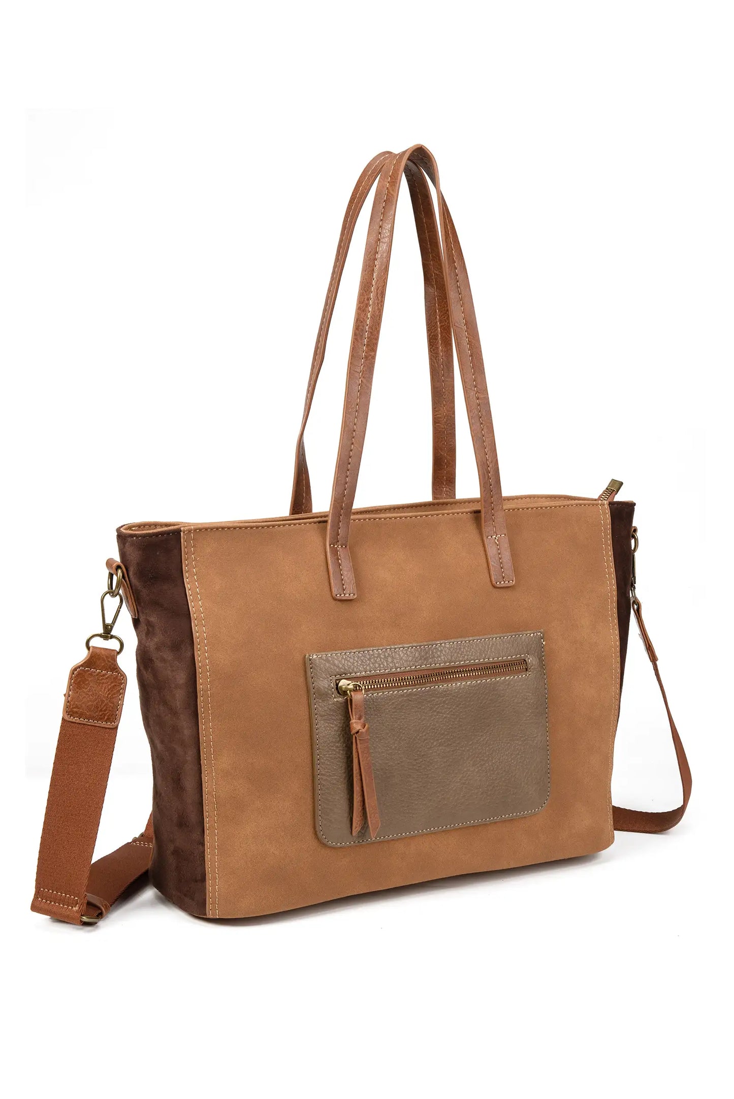 Bolso tote mujer en tonos marrones, con asas largas y bolsillo frontal con cremallera, ideal para moda diaria.