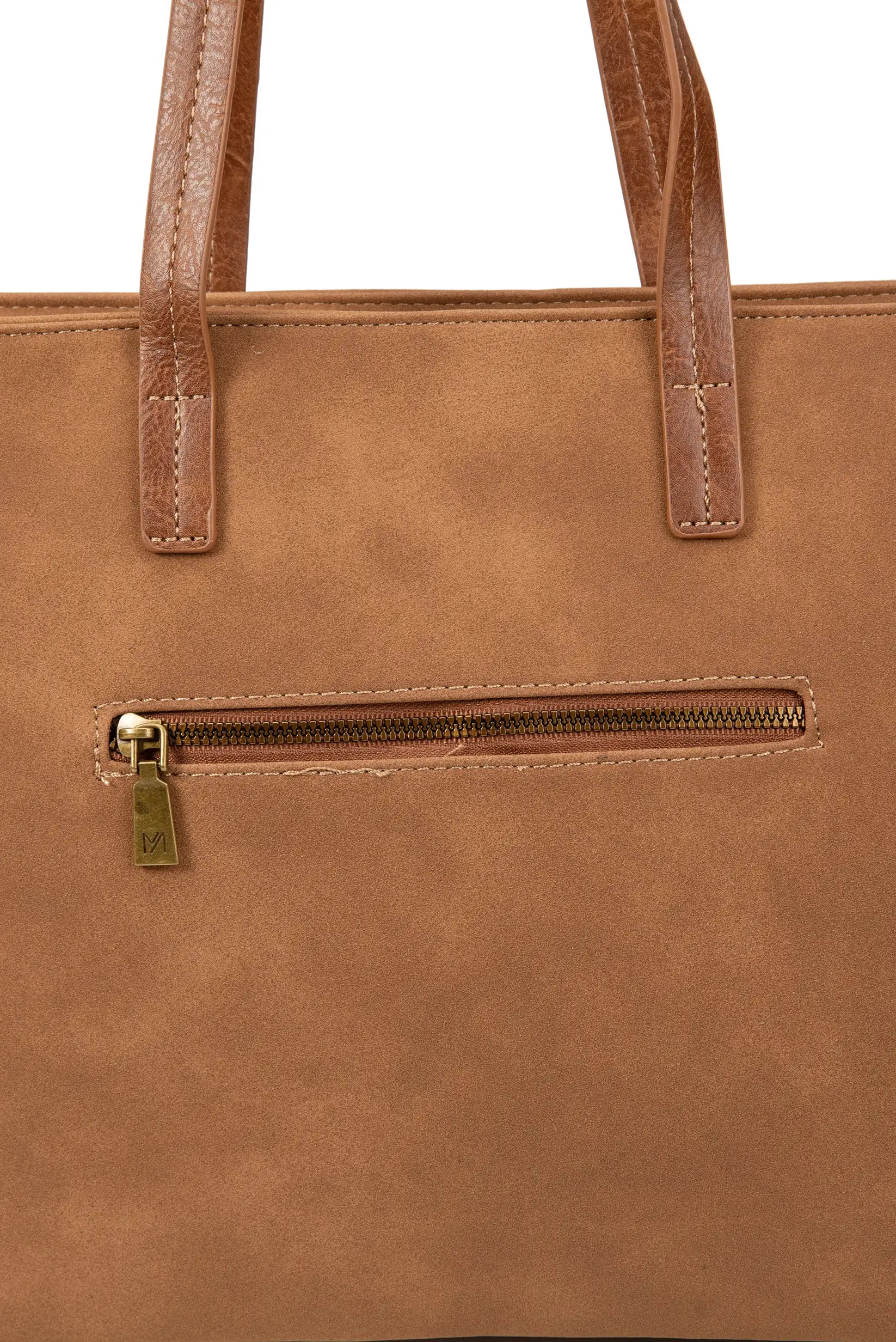 Bolso marrón con asas de cuero y cremallera frontal, ideal para moda femenina y complementos