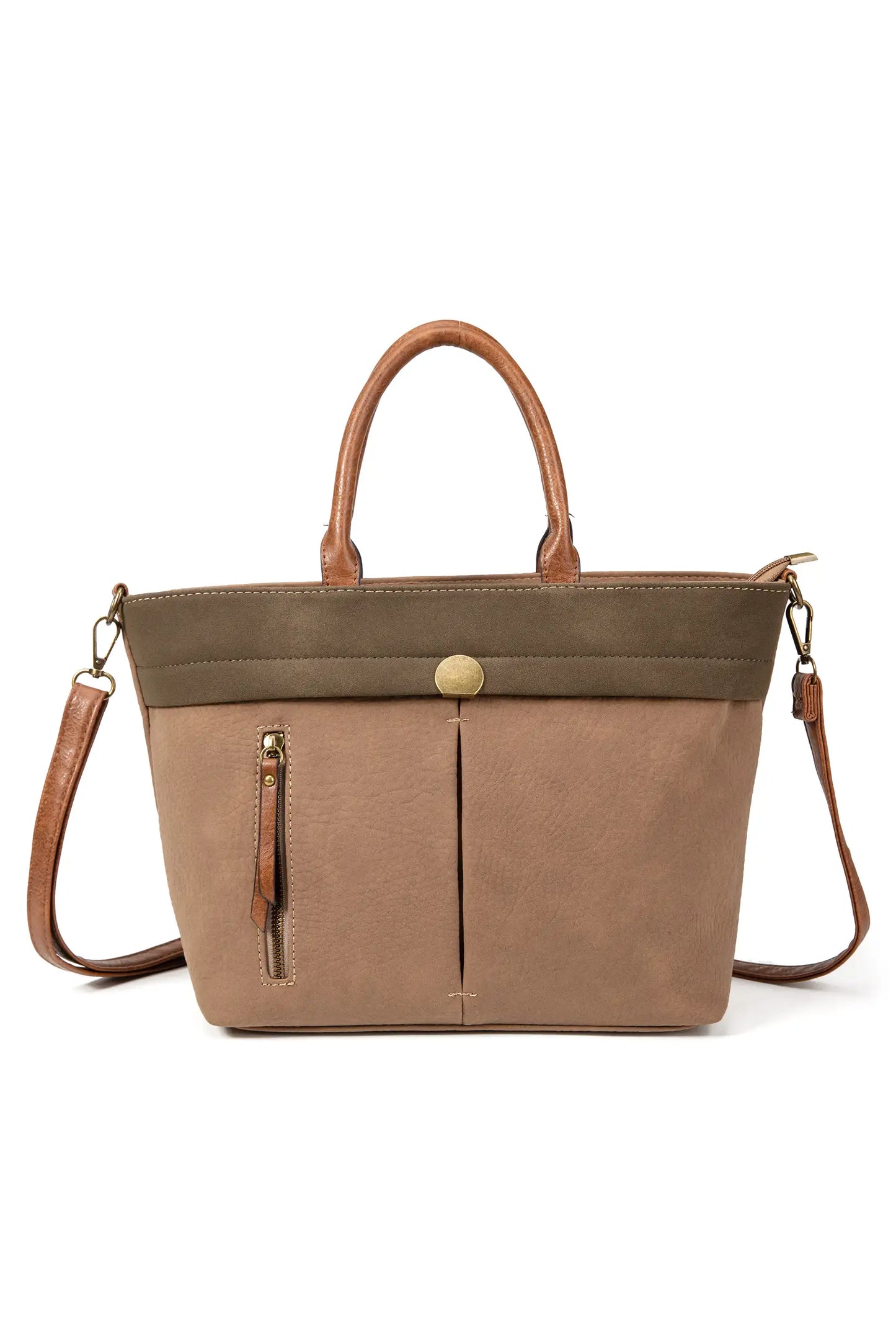 Bolso de mujer en tonos marrones y verde oliva, con asas, correa ajustable y cremallera lateral