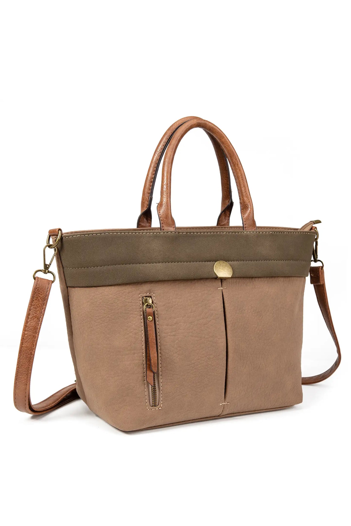 Bolso de mujer en tonos marrones y verde oliva, con asas cortas y correa larga ajustable, ideal para uso diario.