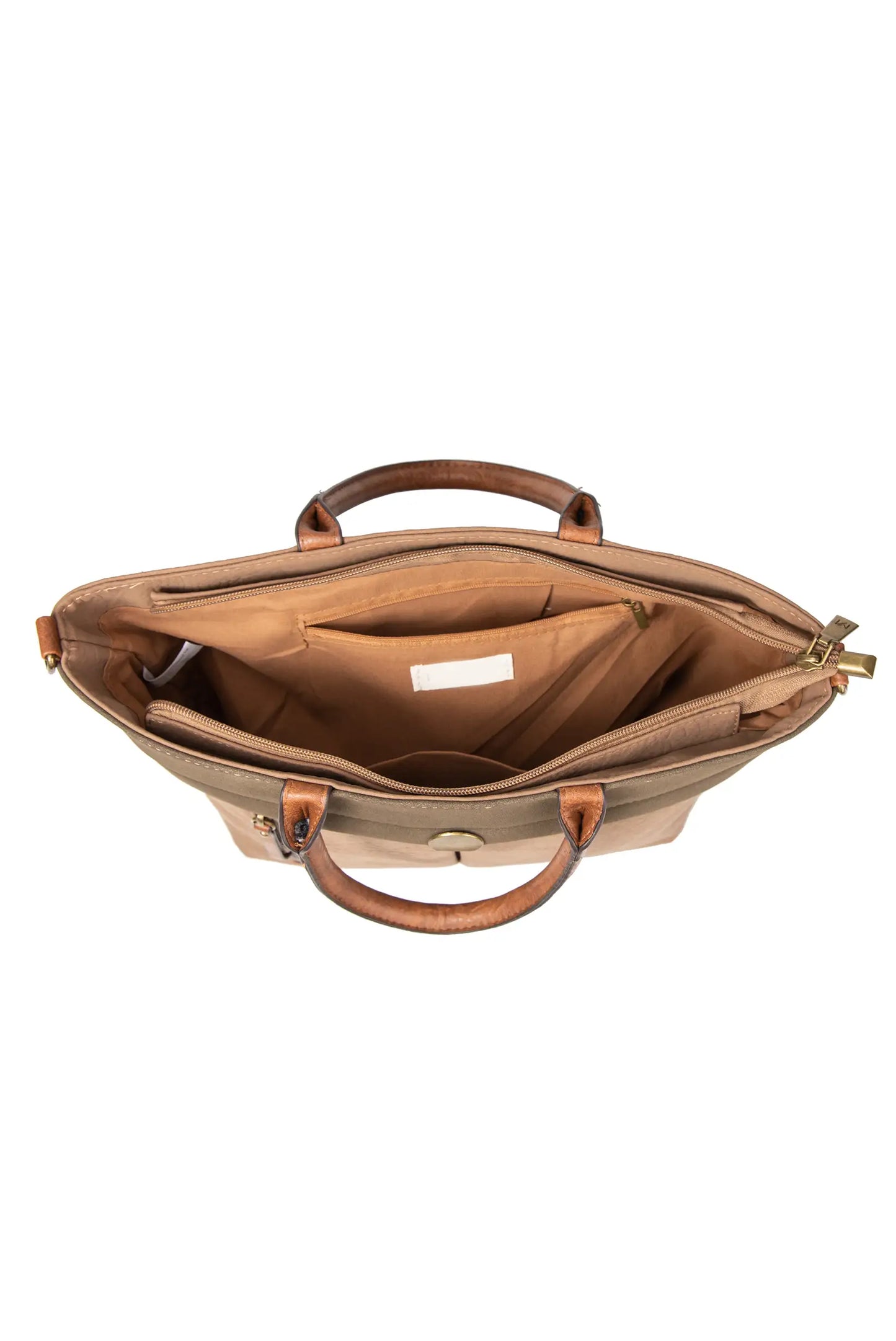 Bolso mujer marrón con interior organizado, múltiples compartimentos y asas de cuero. Ideal para moda femenina y complementos.