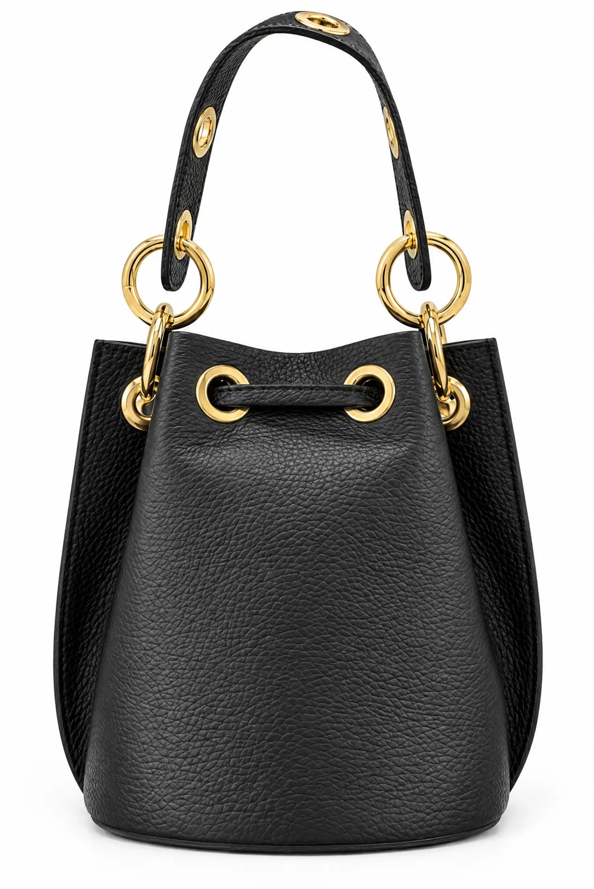 Bolso saco de piel negra con asa y detalles en dorado de CHICA del Sur