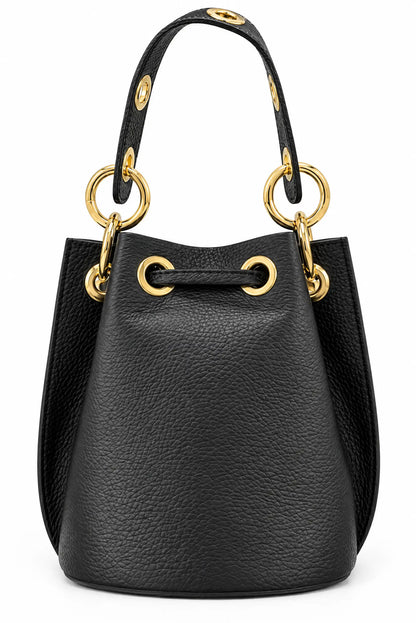 Bolso saco de piel negra con asa y detalles en dorado de CHICA del Sur