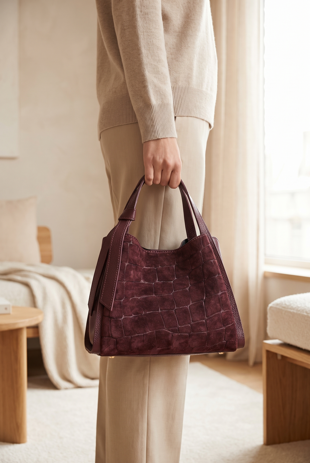 Bolso de mano en ante efecto cocodrilo color burdeos de CHICA del Sur