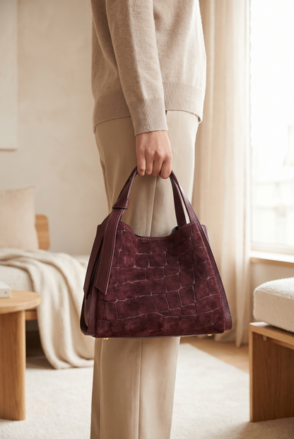 Bolso de mano en ante efecto cocodrilo color burdeos de CHICA del Sur