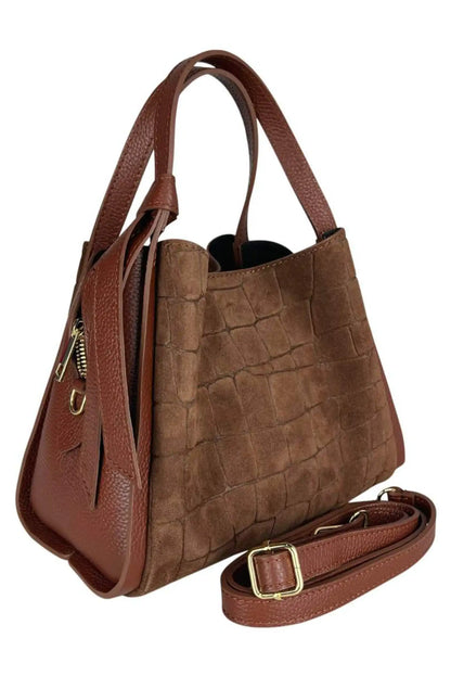 Bolso de mano de piel marrón efecto croco de CHICA del Sur con asa y correa ajustable.