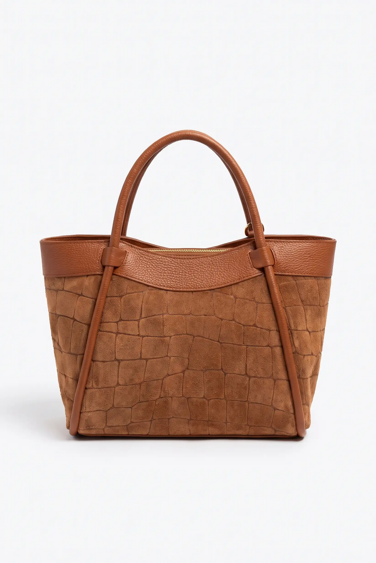 Bolso de mujer CHICA del Sur en ante marrón camel con efecto cocodrilo y asas de piel.
