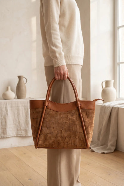 Bolso de mujer de piel ante marrón camel con efecto cocodrilo de CHICA del Sur.