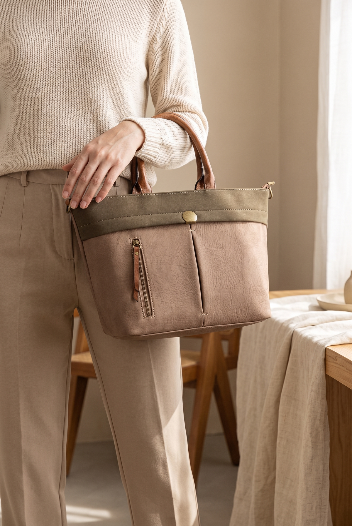 Bolso de mano de mujer en color beige con detalles de cuero y cremalleras